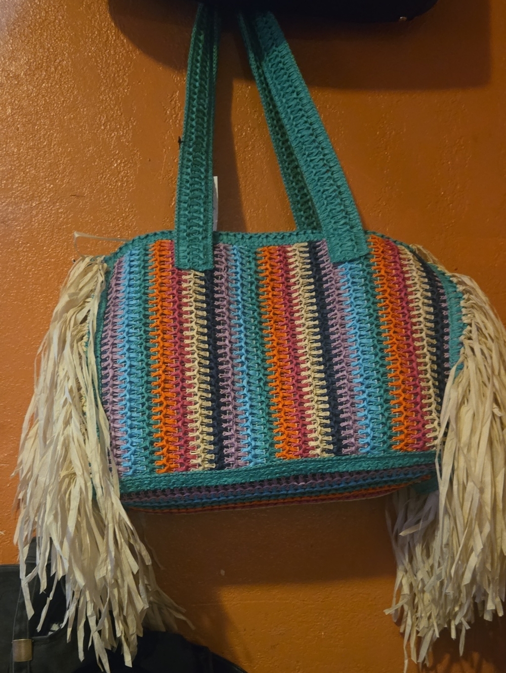 Handwoven Multicolor Straw Fringe Tote Bag - Teal